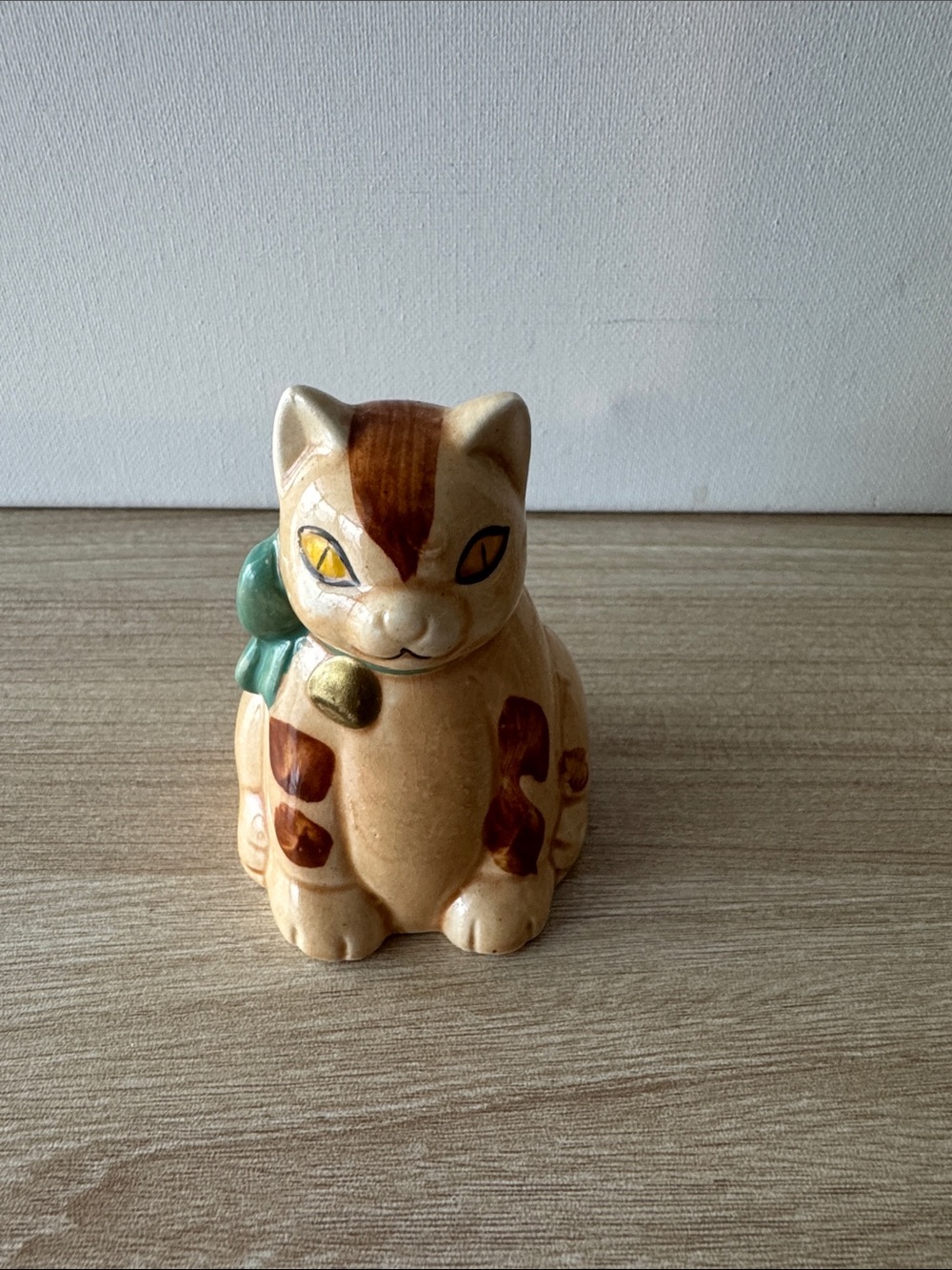 Vintage Ceramic Cat Bell Figurine Green Bow 3.5”
